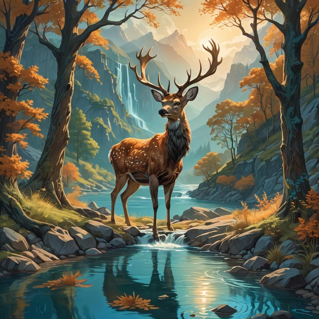 Majestic Deer in Mountain Landscape Concept Art