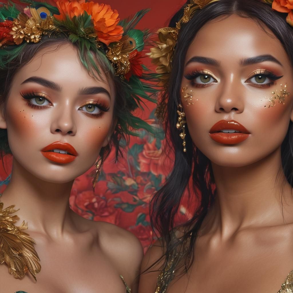 Fauvist-Inspired Women with Metallic Skin and Peacock Feathe...