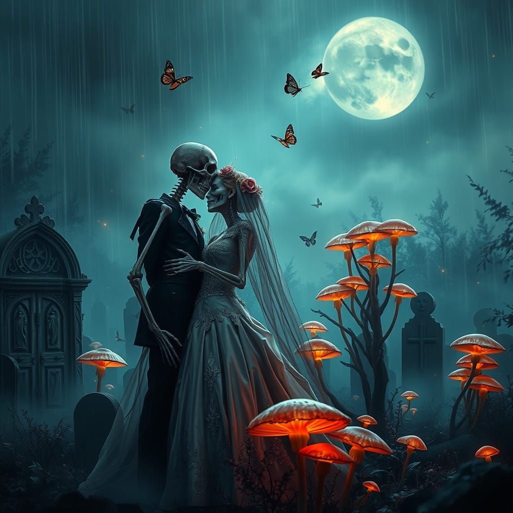 Skeletal Bride and Groom in Ancient Graveyard Celestial Wond...