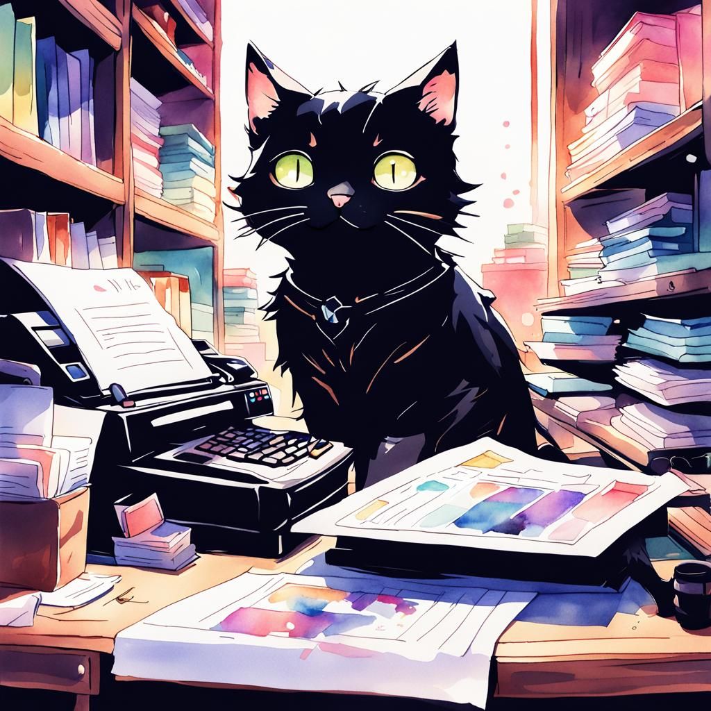 Black Cat Photocopying, Whimsical Watercolor Style