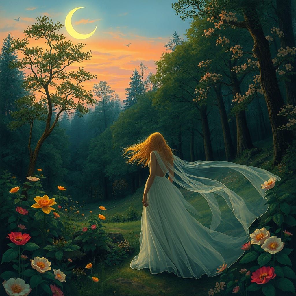 Elegant Woman in a Dreamlike Art Nouveau Forest