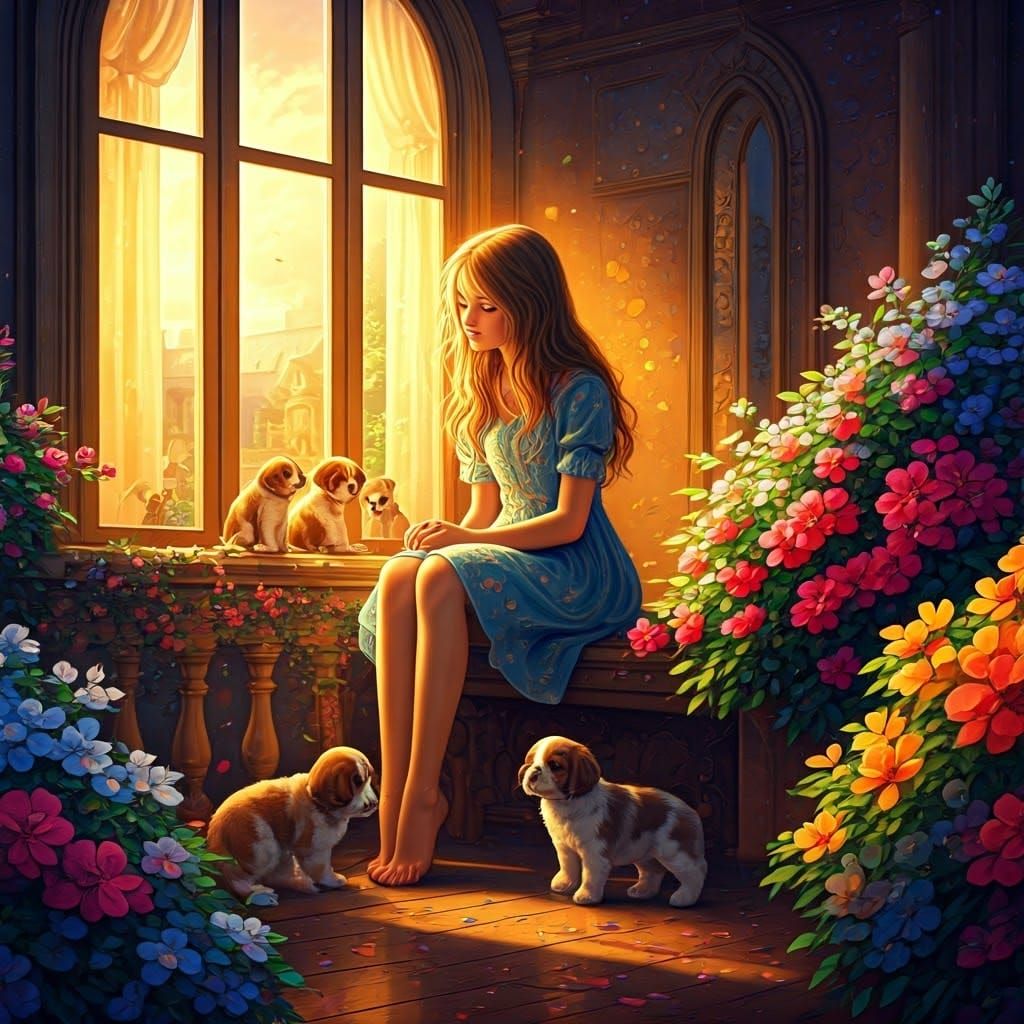 Girl, Puppies, Flowers, and Sunlight in Maximalist Style