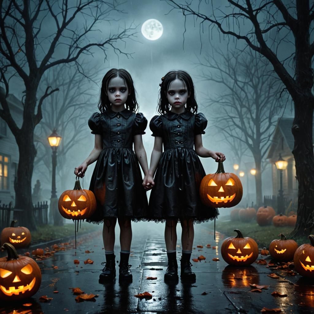 Creepy Halloween Twins in Tim Burton Gothic Style