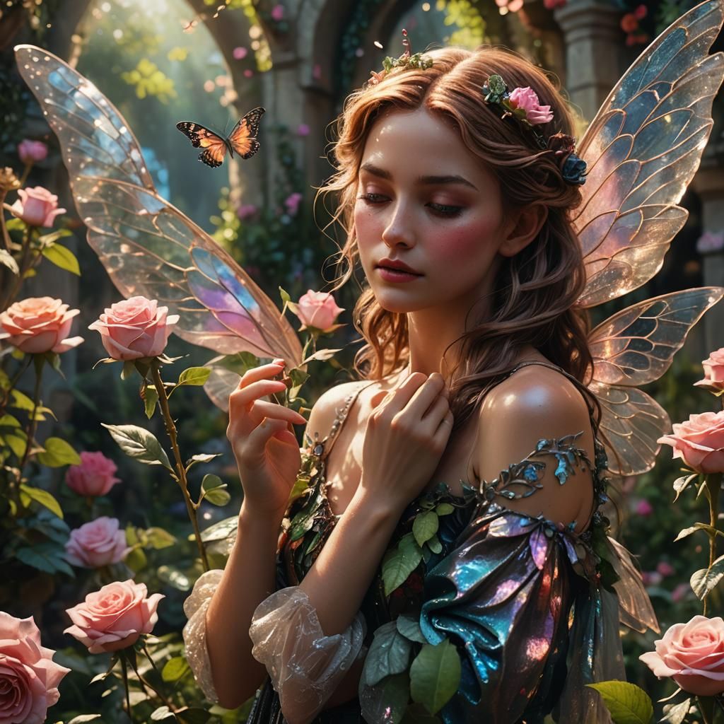Fairy in Lush Garden Sniffing Rose