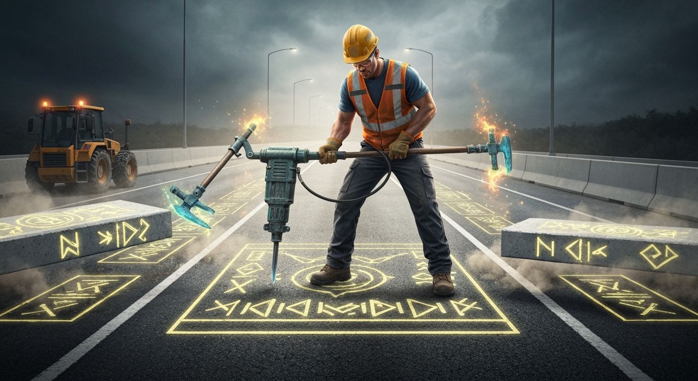 Magical Road Construction Worker with Glowing Tools