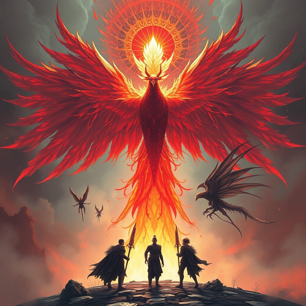 Sanguine Phoenix in Mystical Realm: Fantasy Art