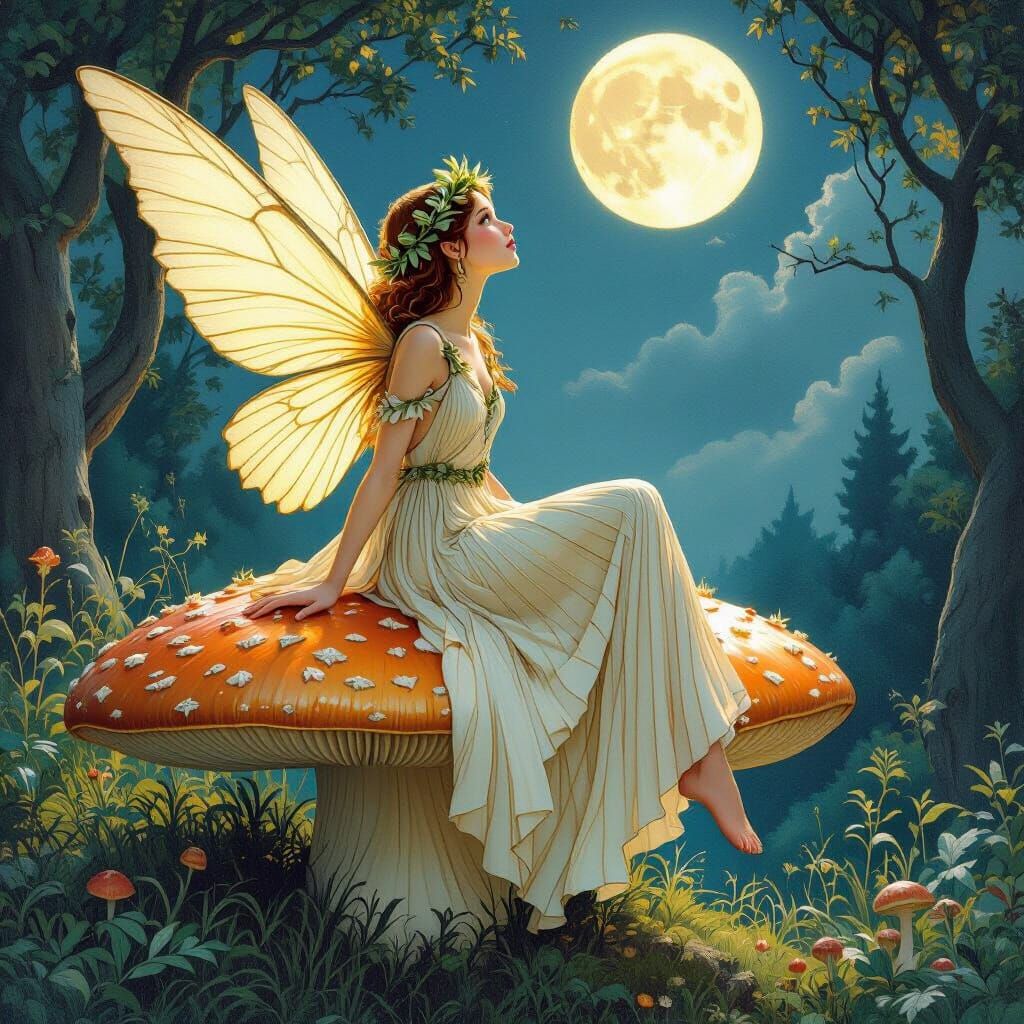 Enchanting Fairy on Mushroom Gazing at Moon