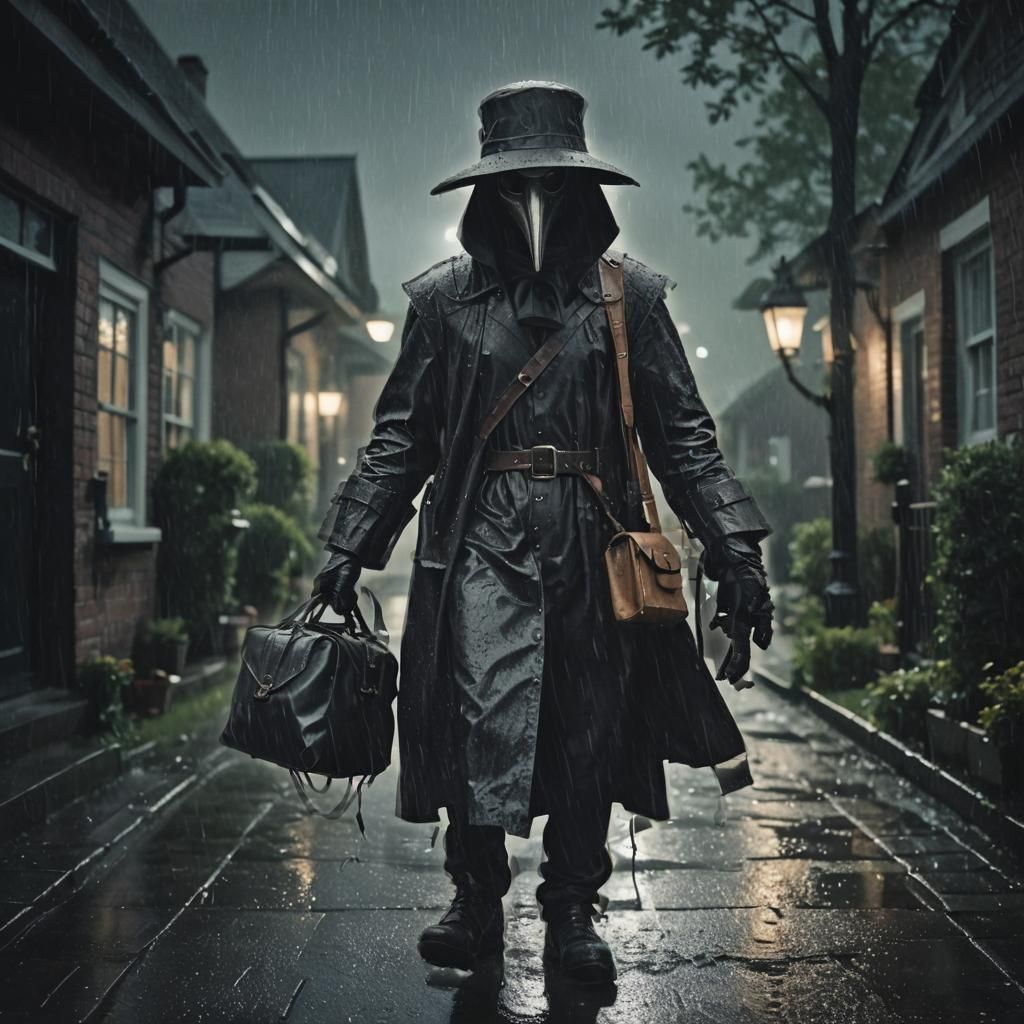 Sci-Fi Plague Doctor in the Rain: Cinematic Still