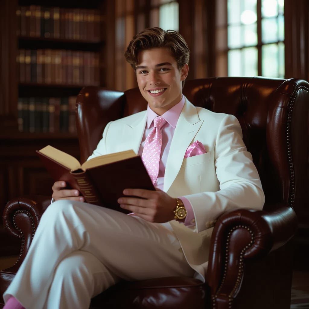Teenage Man in White Suit Reads Book in Library