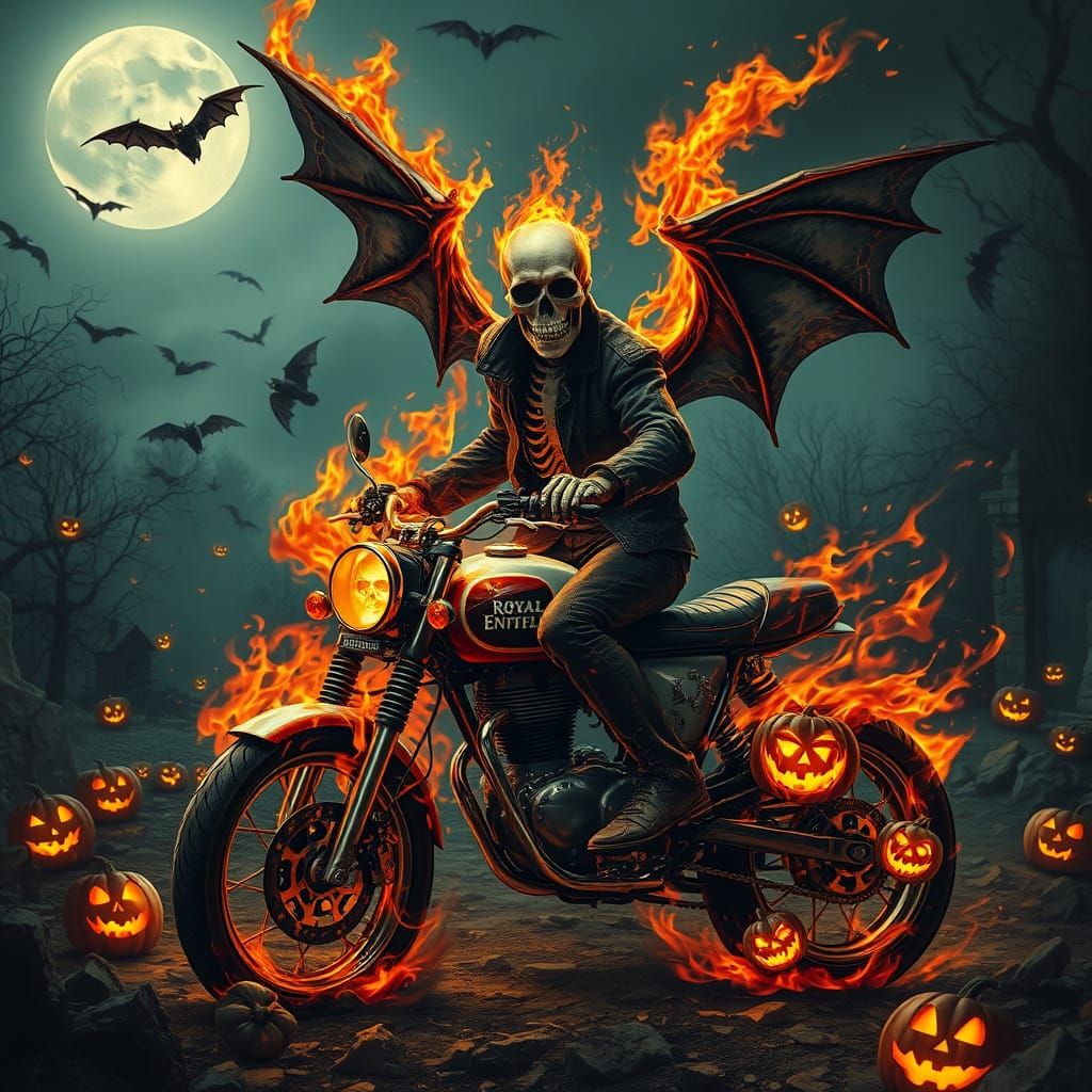 Gothic Rider on a Burning Motorcycle