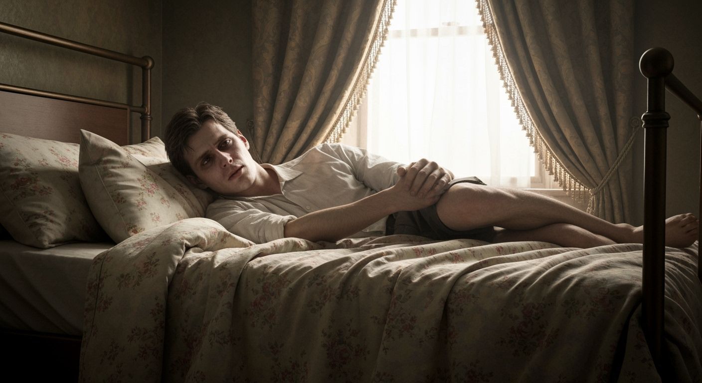 Melancholy Victorian Bedroom: Watercolor of Frail Man