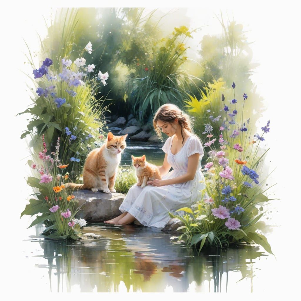 Vibrant Garden Scene with Playful Kittens and Lady