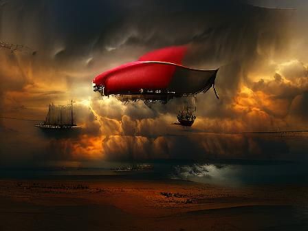 Airship Flying Through an Evening Storm