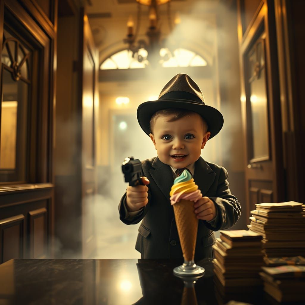 Cherubic Bank Heist in a Whimsical, Cinematic Style