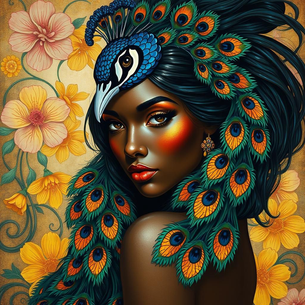 Ethereal Portrait: Woman with Peacock Feathers and Scales