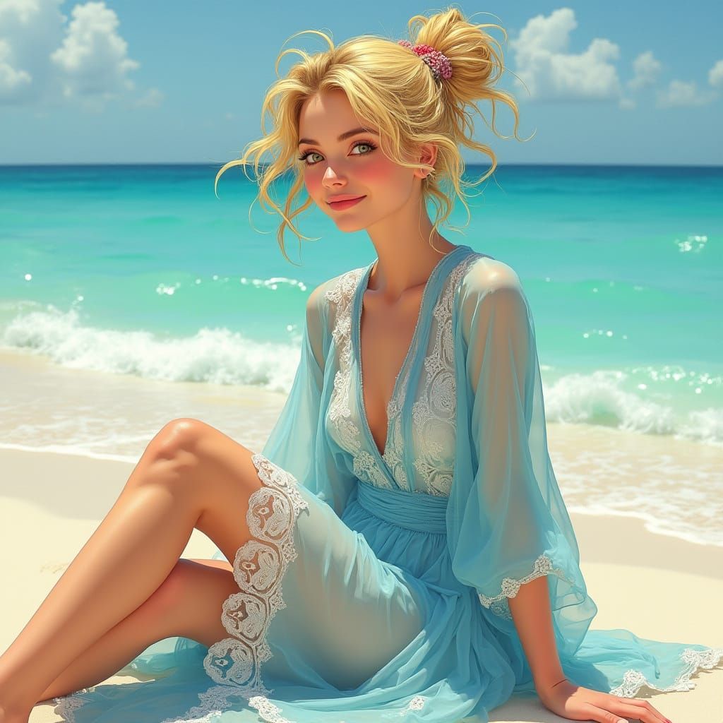Blonde Woman in Blue Dress on Beach, Art Nouveau