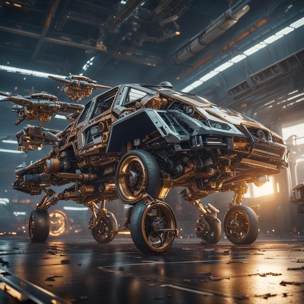 Rat Driving Car with Turkeys in Sci-Fi Setting