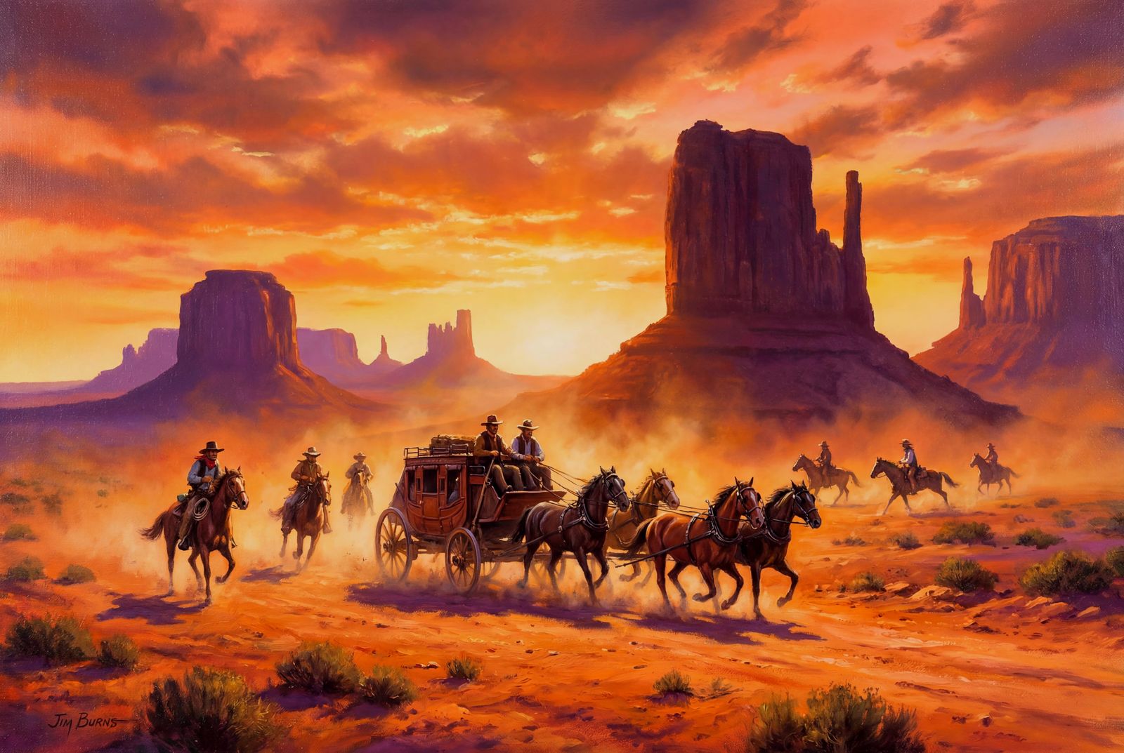 Horsemen Chase Stagecoach in Monument Valley Sunset