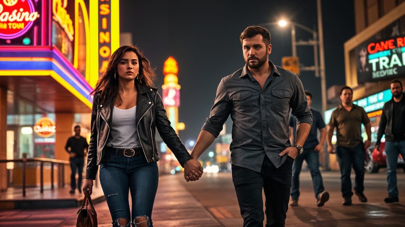 Silhouetted Couple Confronts Danger on a Busy City Street