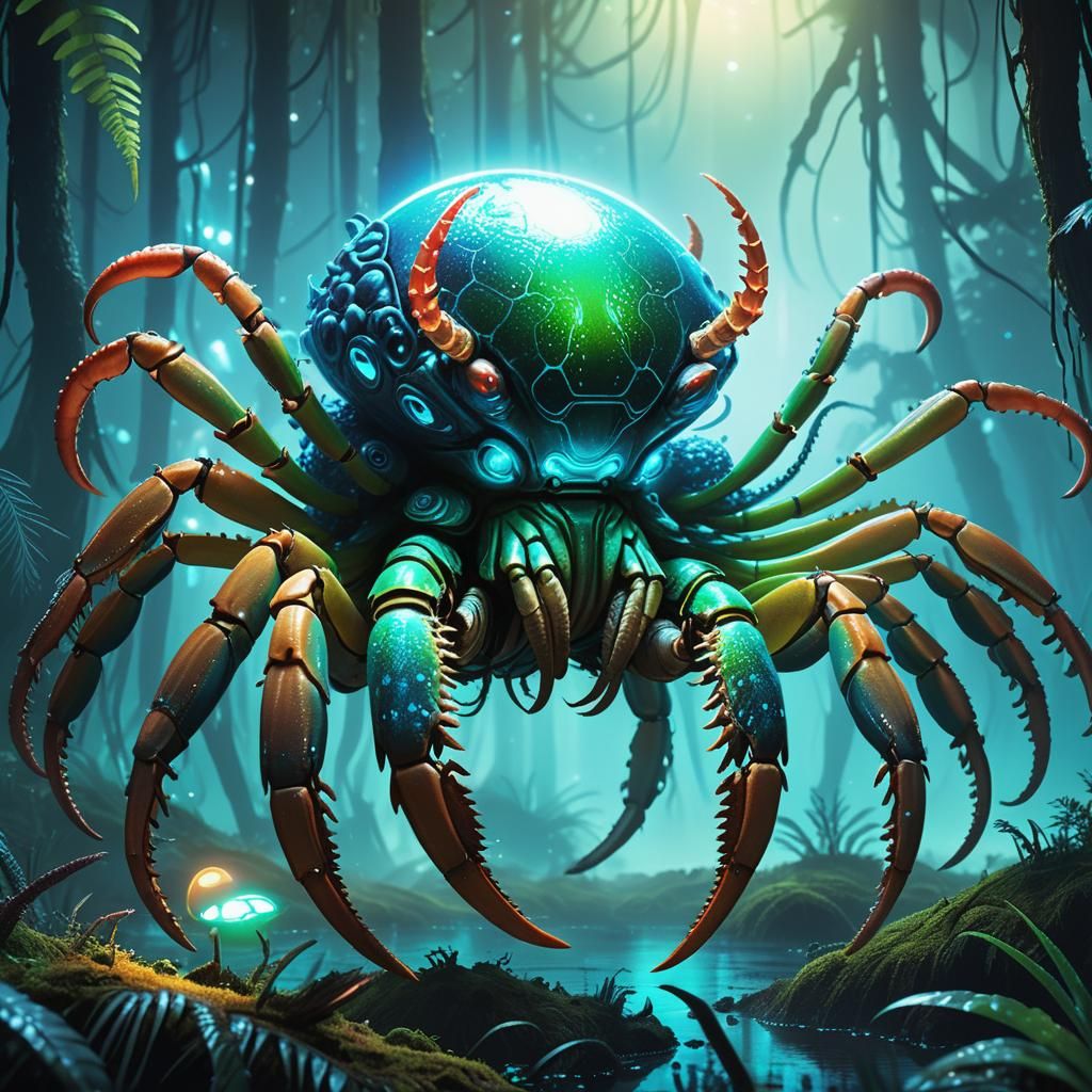 Bioluminescent Alien Coconut Crab in Exoplanet Forest