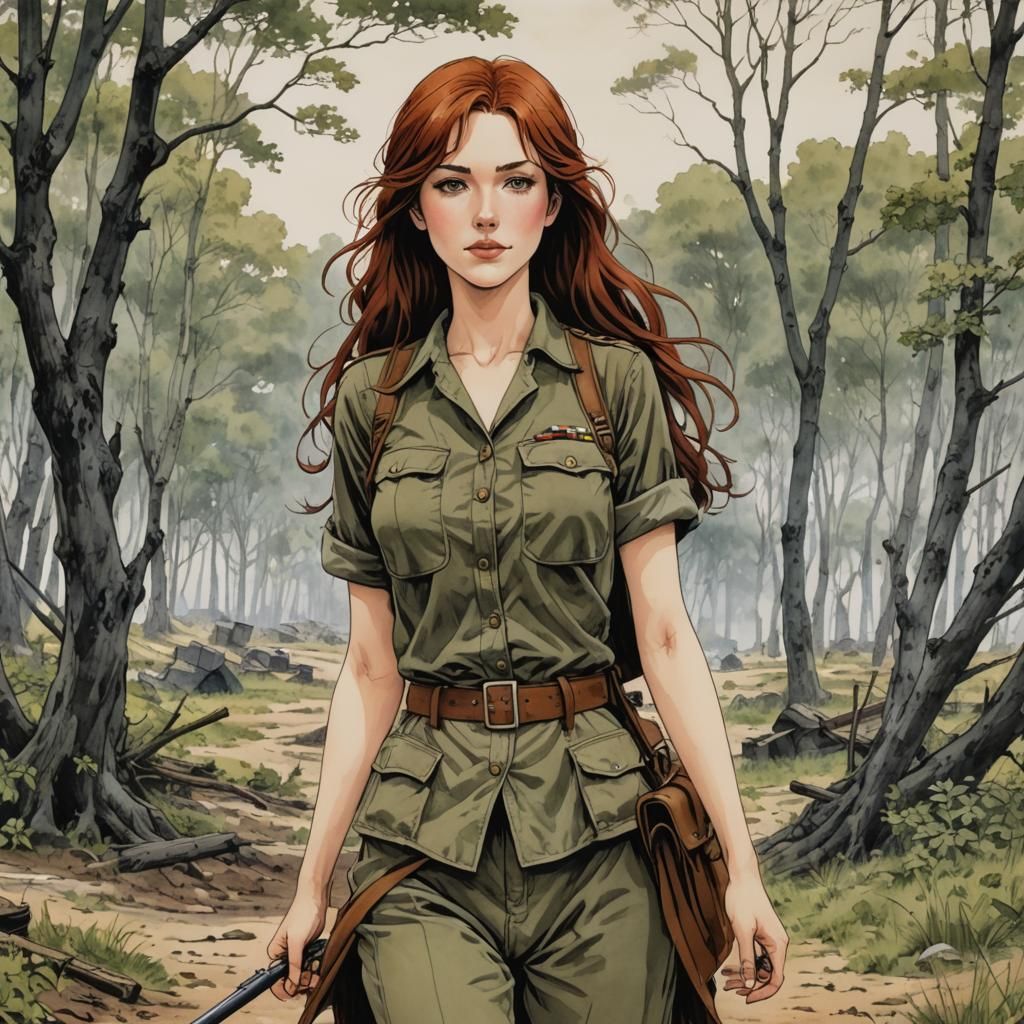 Nude Redhead in WWII Battlefield, Comic Book Style