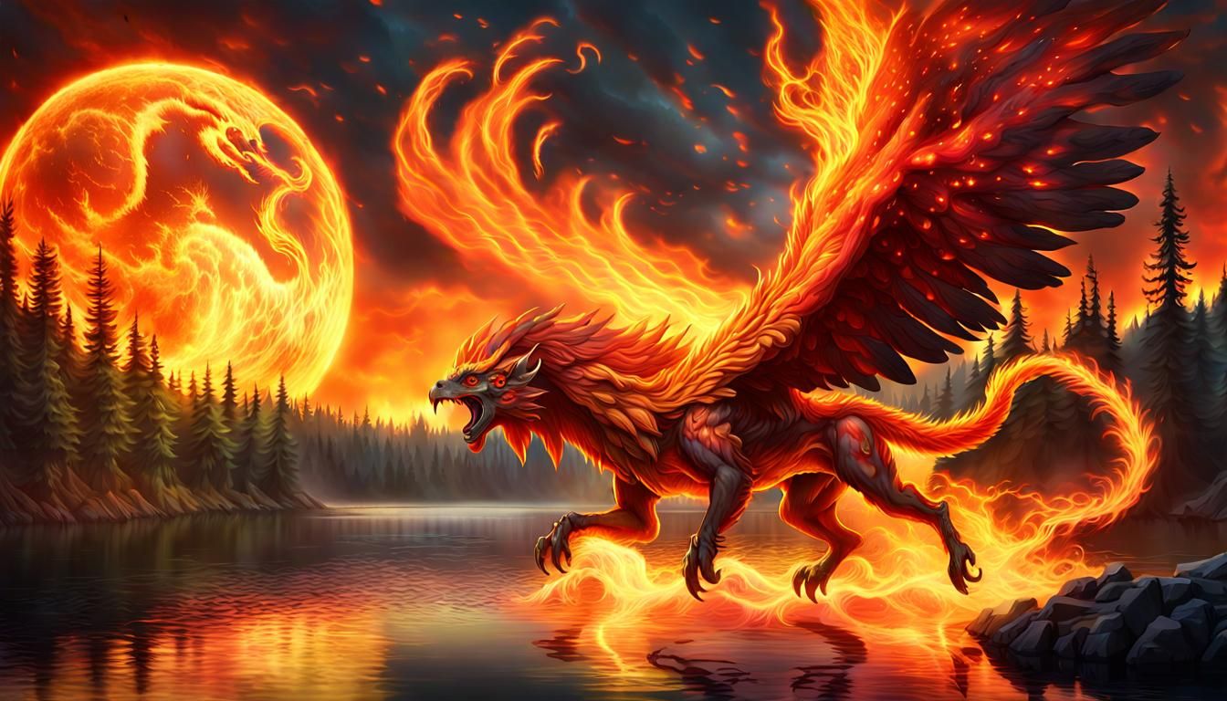 Magma Griffin Soars Over Forest Lake
