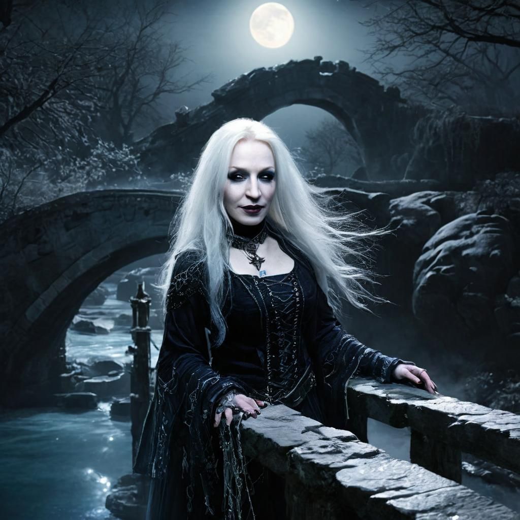 White witch crossing a bridge in the moonlight. detailed mat...
