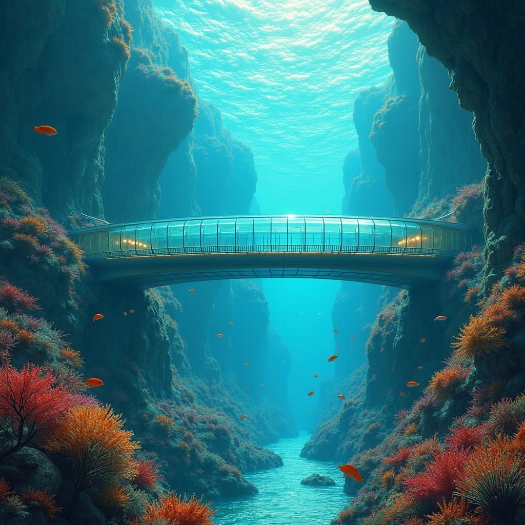 Underwater Bay Bridge in Glass Tunnel, Futuristic Style