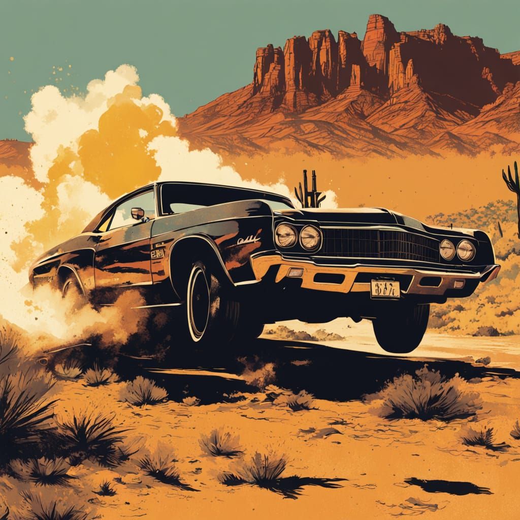 Vibrant Desert Racing Scene in Ink Splatter Style