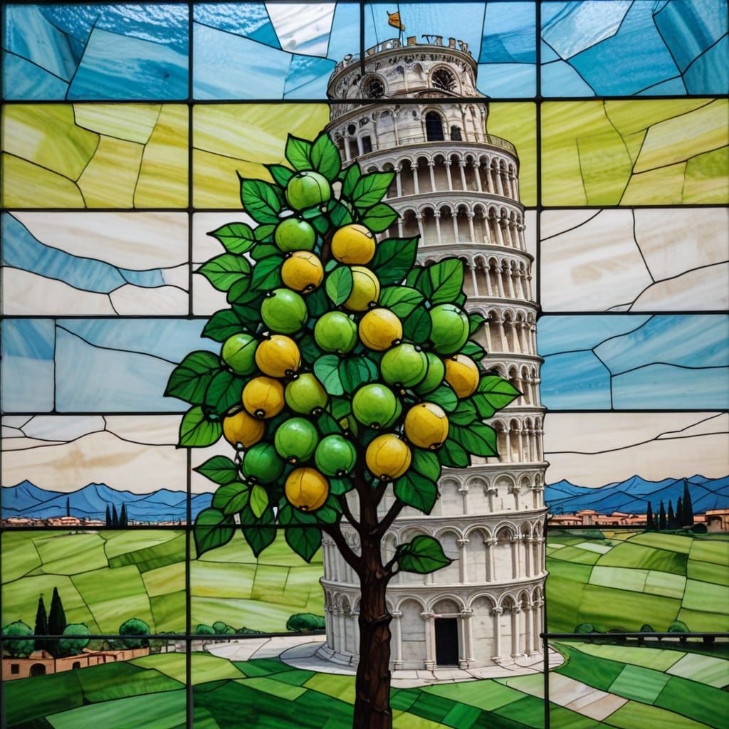 Leaning Tower of Pisa Stained Glass Lime Fruit Landscape