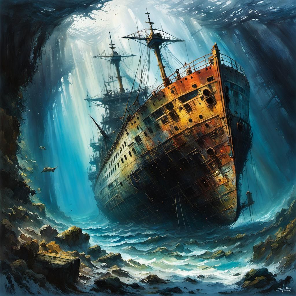 Colorful Underwater Shipwreck in Graffiti Art Style