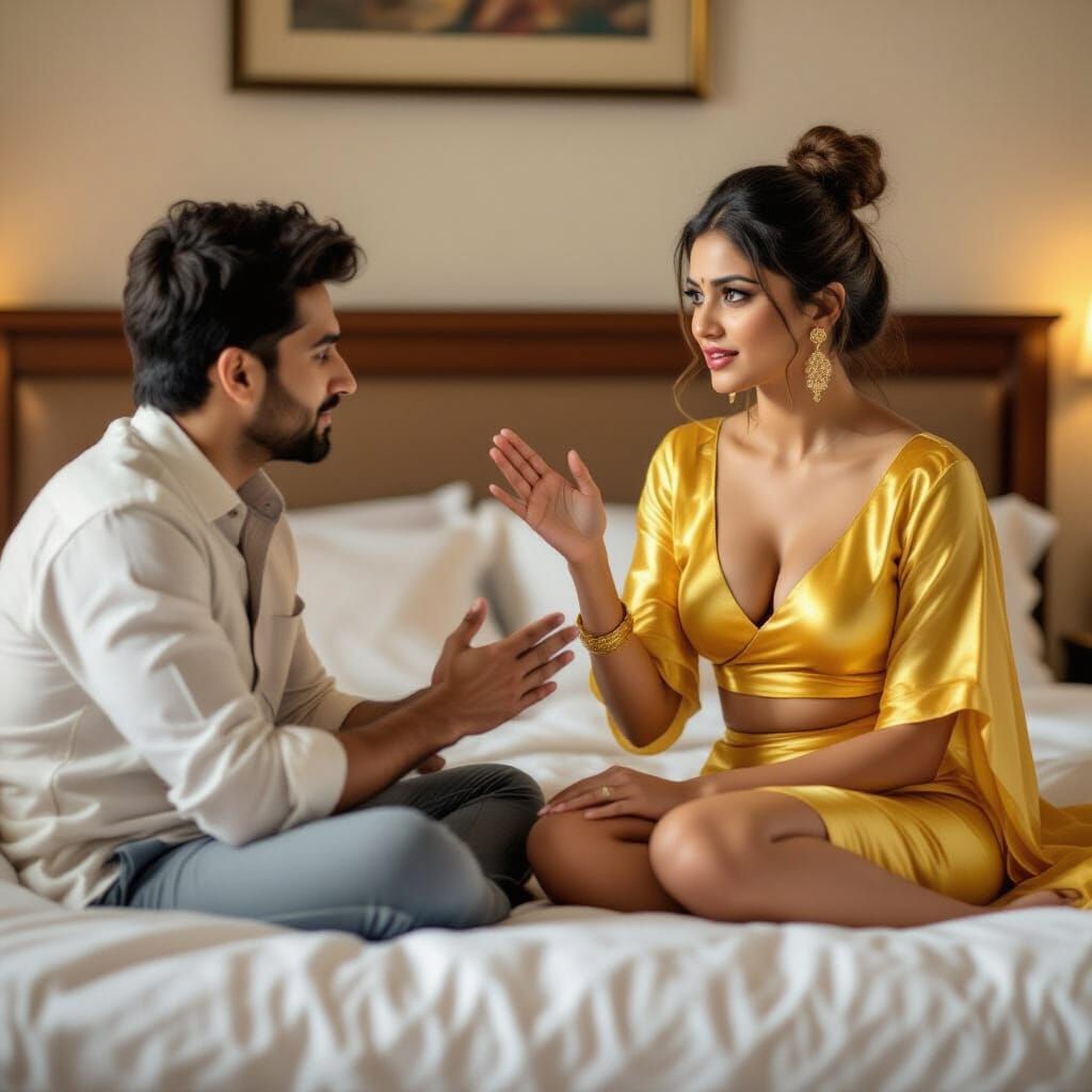 Indian Woman in Yellow Silk Outfit Confronts Man on Bed