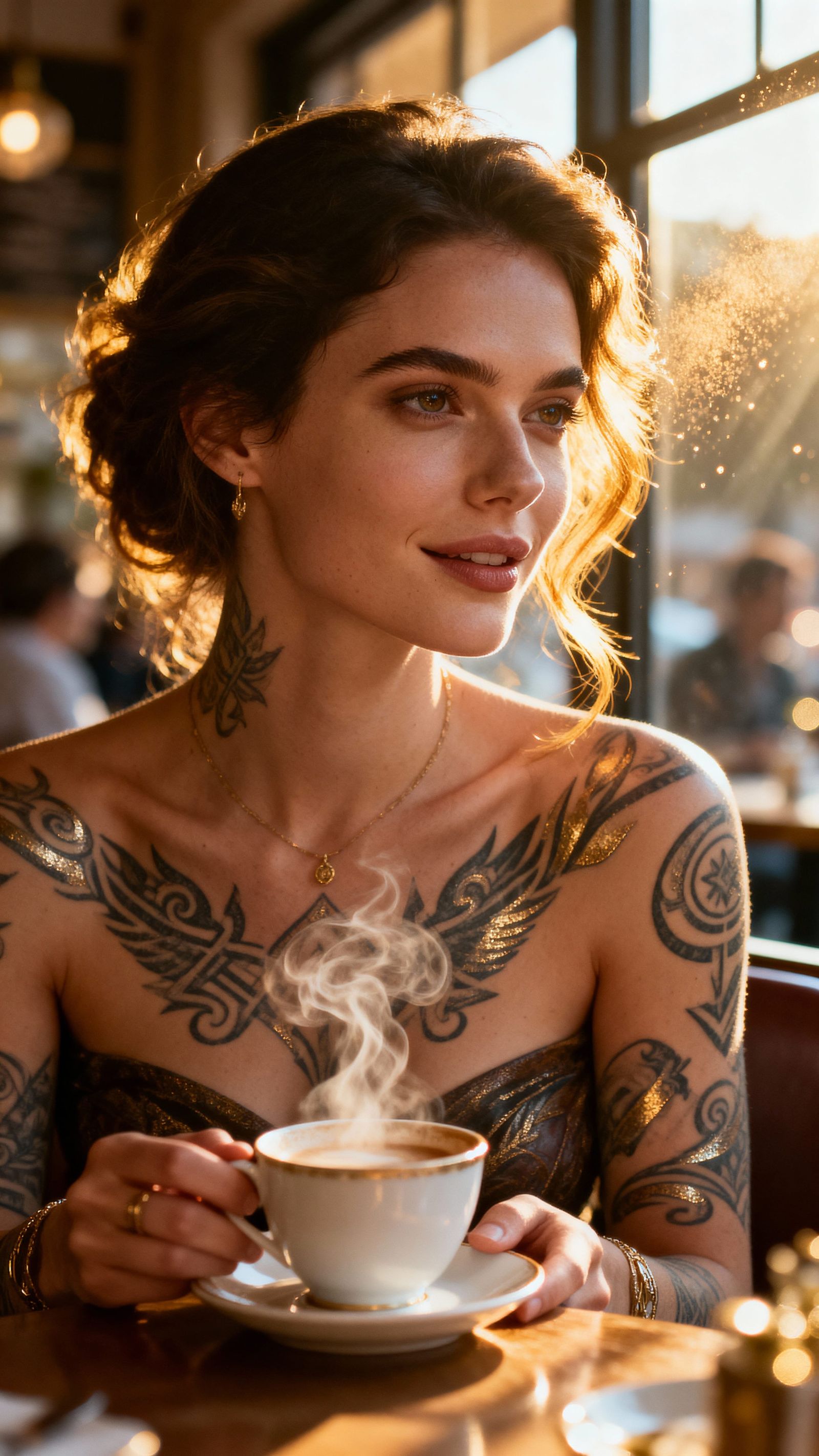 Cinematic Portrait of Woman by Sunlit Cafe Window