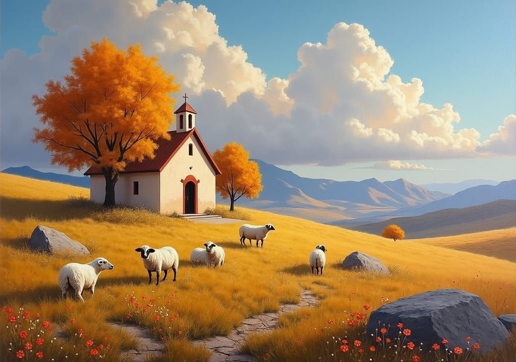 Adobe Chapel in Valley, Oil Painting