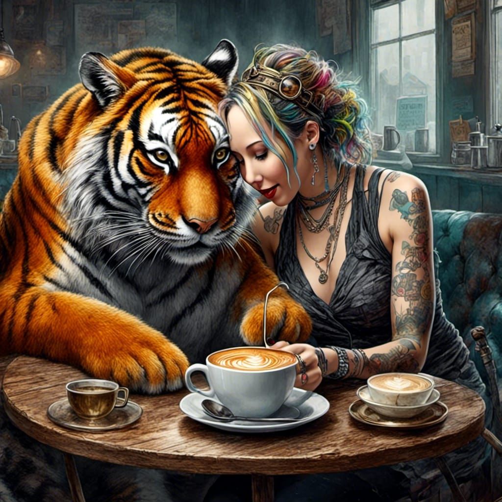 Anthropomorphic Tiger Hybrid Drinking Coffee in 3D