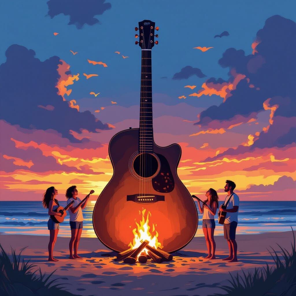 Giant Guitar Beach Bonfire Concert, Dreamy Art Style