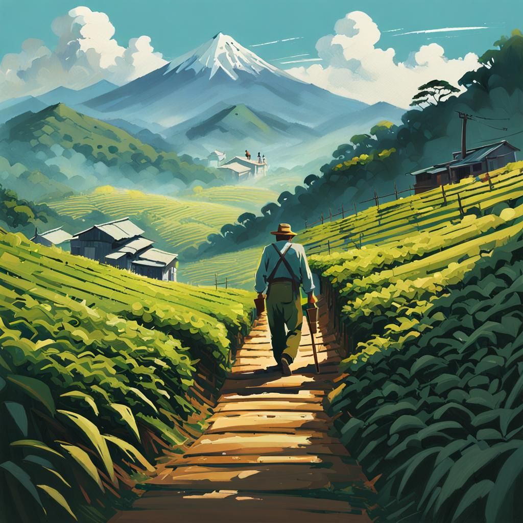 Tea Farmer Acrylic Painting in Ghibli Style