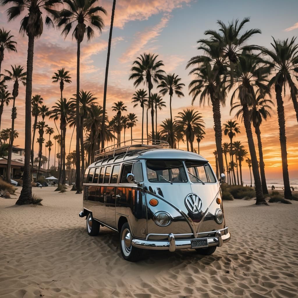 Chrome VW Bus on California Beach in Art Deco
