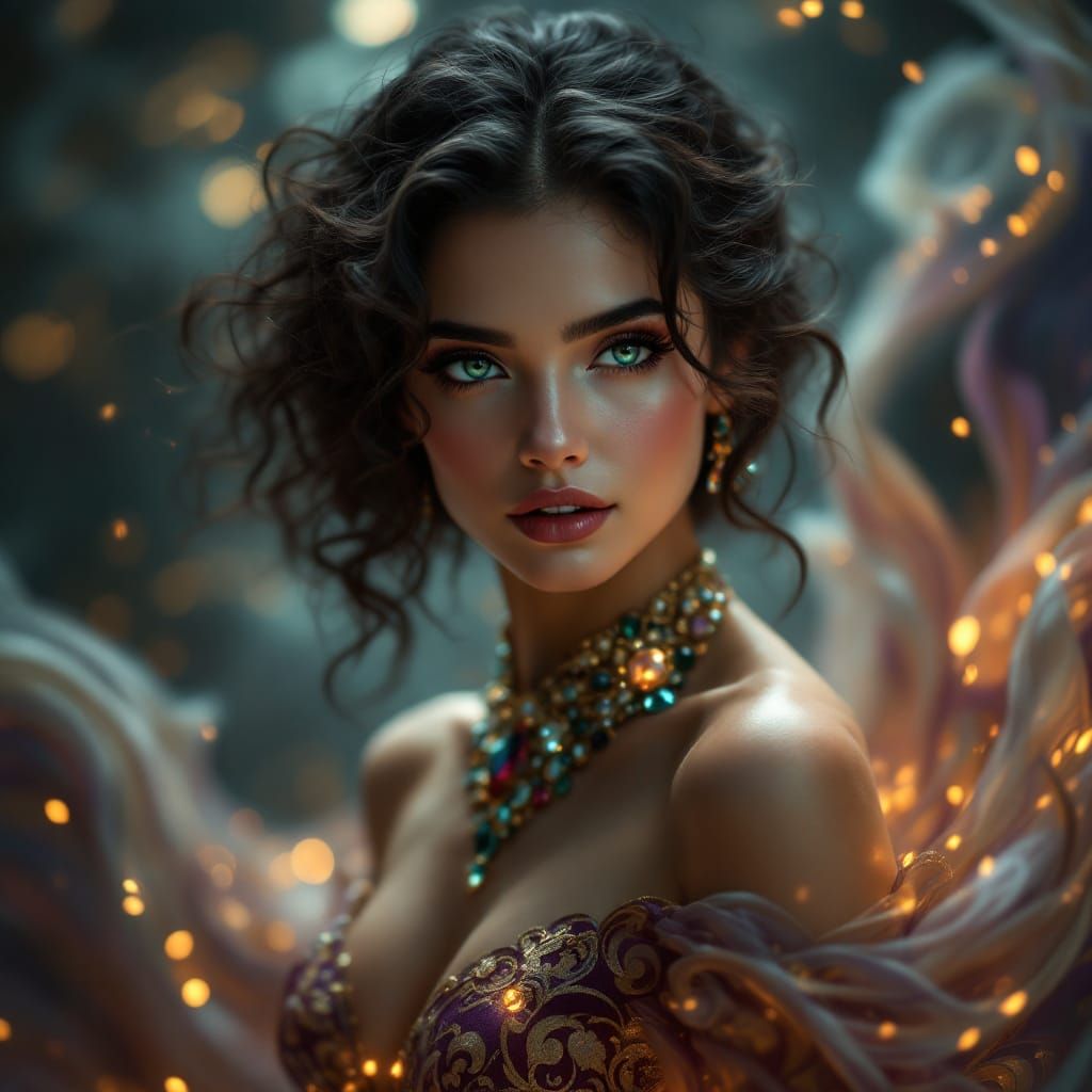 Ethereal Woman in Brocade Gown, Art Nouveau Style