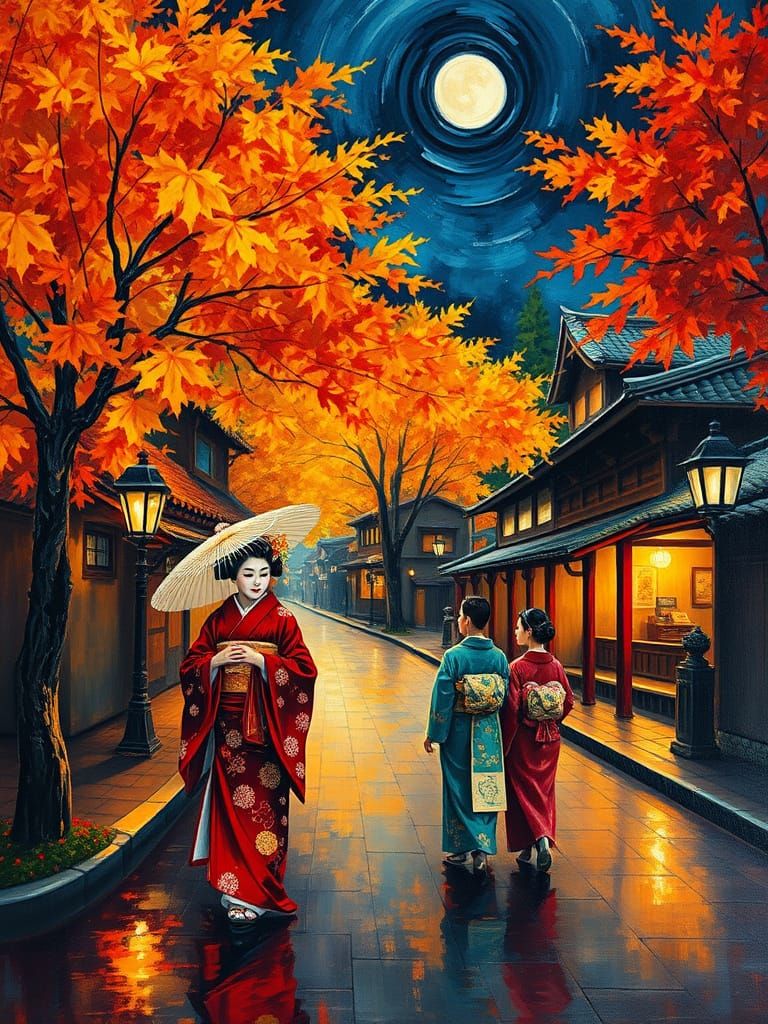 Regal Geisha in Autumn Village, Neo-Impressionist Style