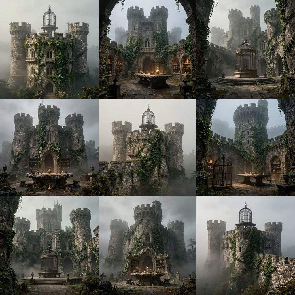 Misty Giant's Castle with Stone Walls and Shelves