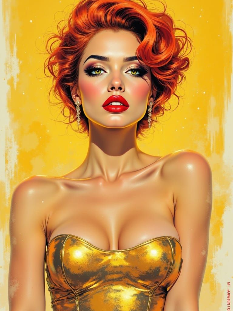 1930s Pin-Up Woman in Metallic Gold Sundress