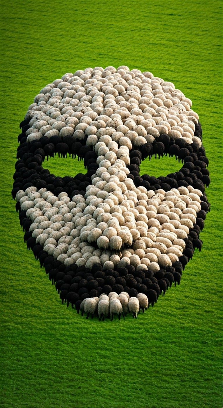 Surreal Sheep Face Forms in Lush Green Field