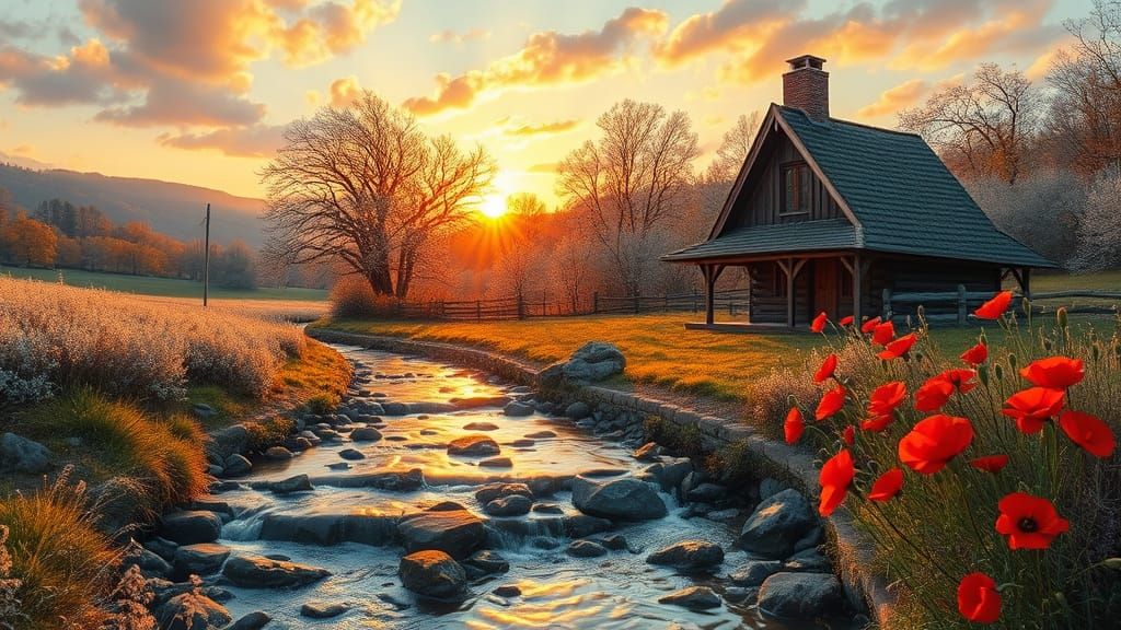 Cabin by River in Impressionist Style