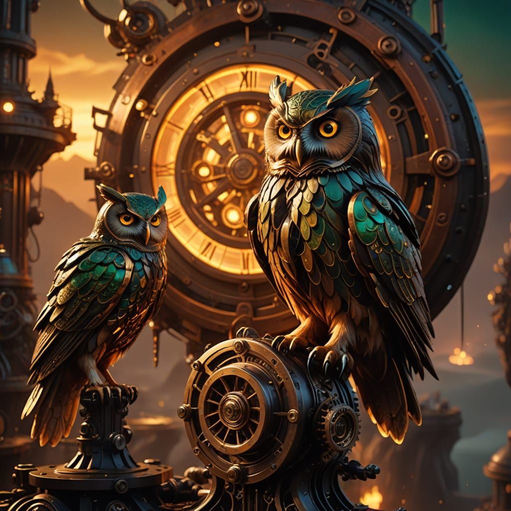 Steampunk Owl Commands Clockwork Sky Forge in Gritty, Hyper-...
