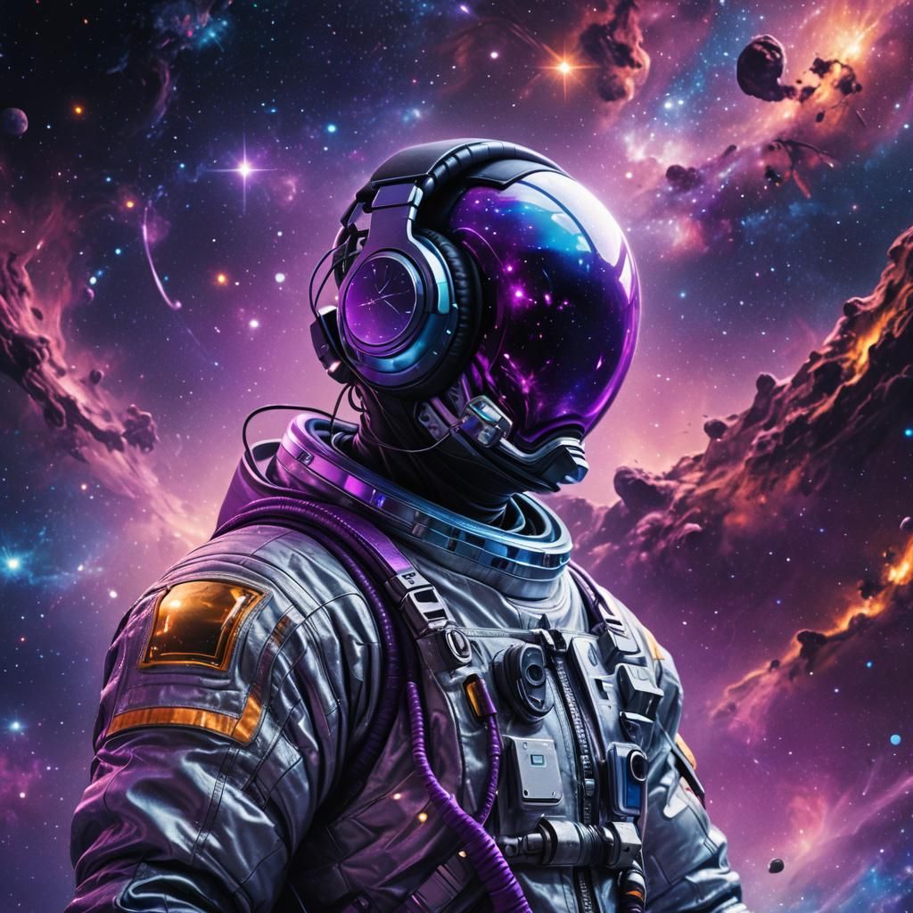 Astronaut with Glowing Headphones in Purple Nebula