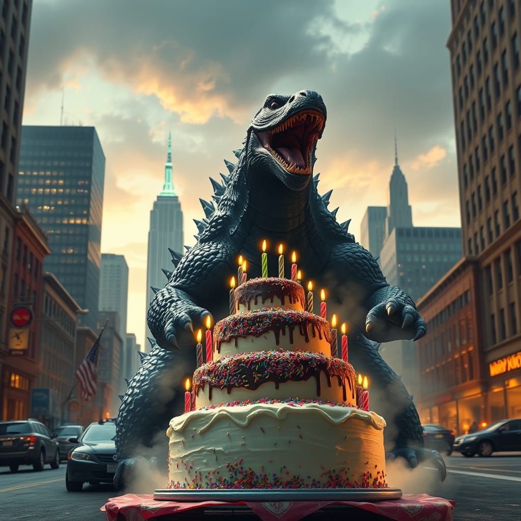 Godzilla Enjoys Cake in NYC, Hyperrealistic Digital Painting