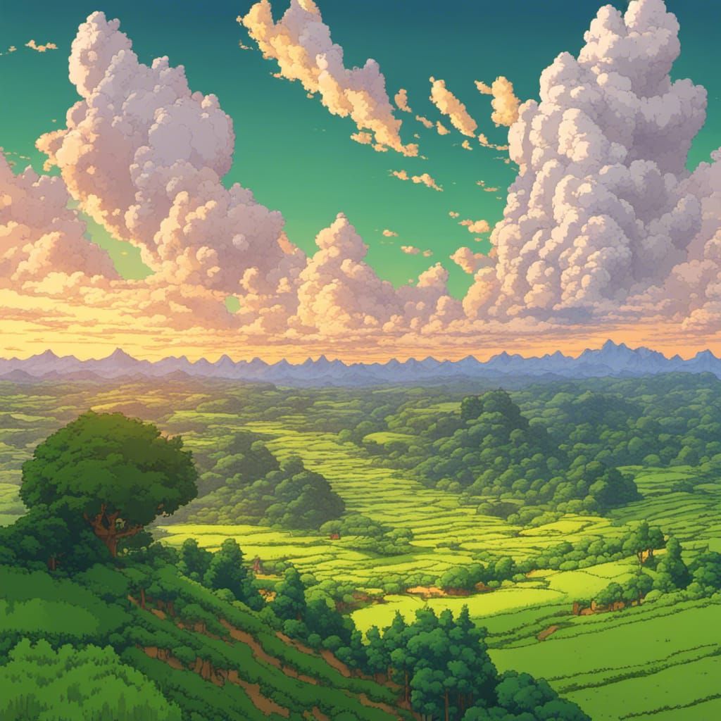 Lush Green Valley in Golden Hour Pixel Art