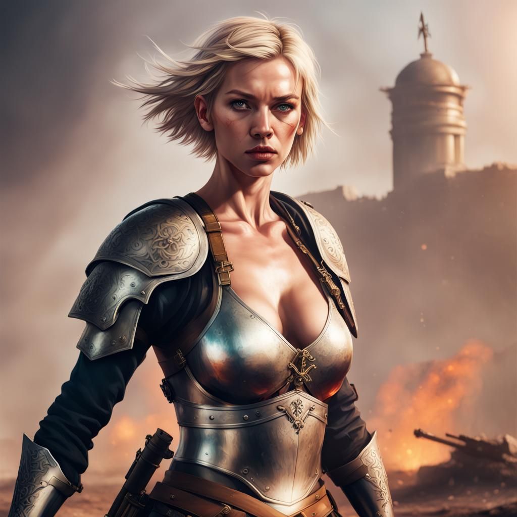 Blonde Warrior Woman with Sword in Battlefield