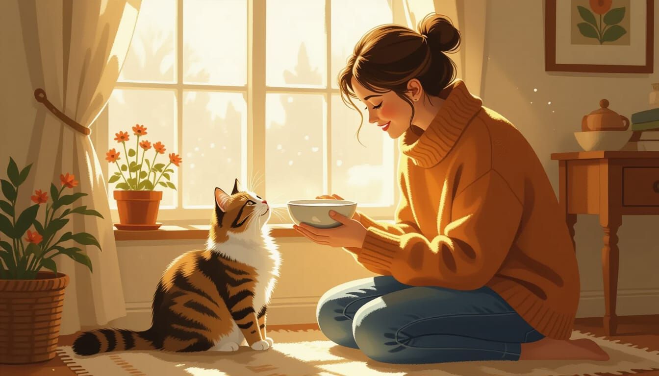 Cozy Cat and Woman in Sunlight, Illustrated Style